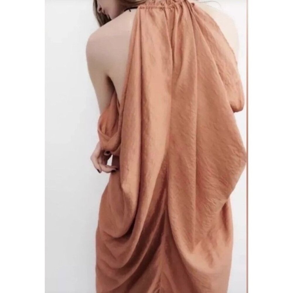 Zara Tan Halter Maxi Dress With Drawstring Back Detail Boho - Size S - Picture 5 of 7